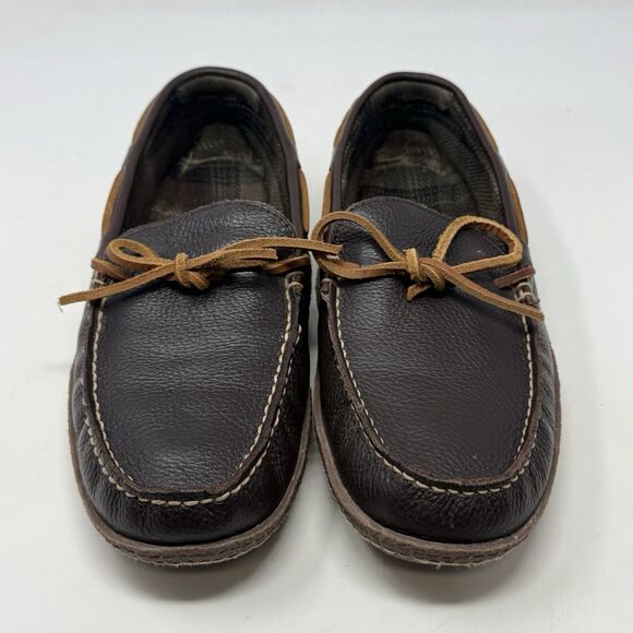 LL Bean Slippers Mens 9 M Brown Leather Flannel Lined Handsewn Moccasin Shoes - Picture 5 of 16